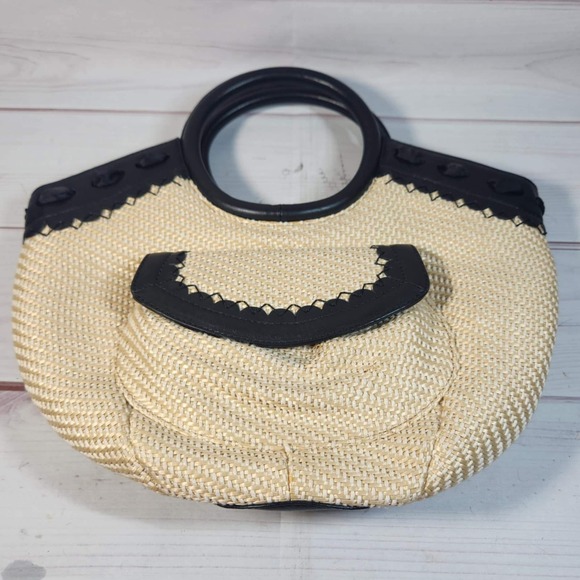 Cole Haan Straw Woven Round Handle Bag with Pocket Black Accent - Picture 1 of 12